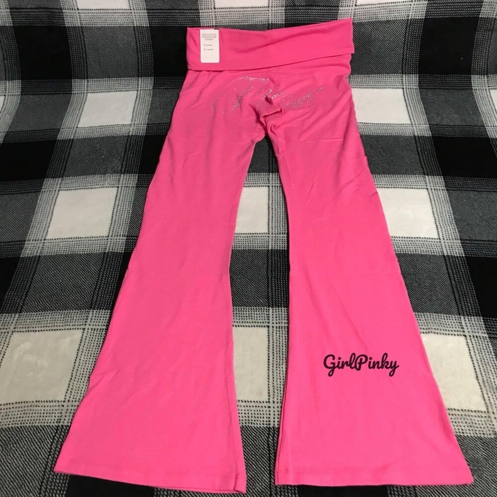 VS PINK FOLDOVER FLARE LEGGINGS CARMINE ROSE BLING LIMITED EDITION SIZES XS-XXL